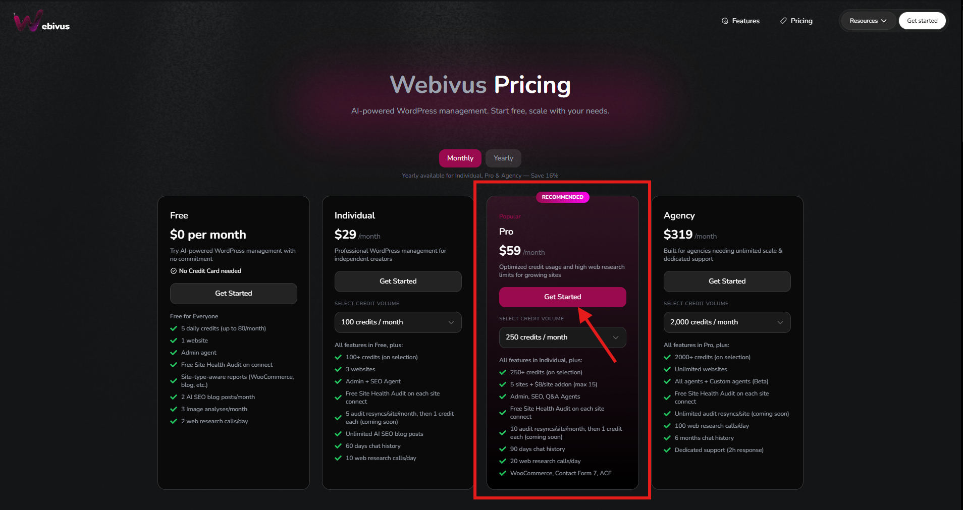 Webivus Pricing Pro Highlighted
