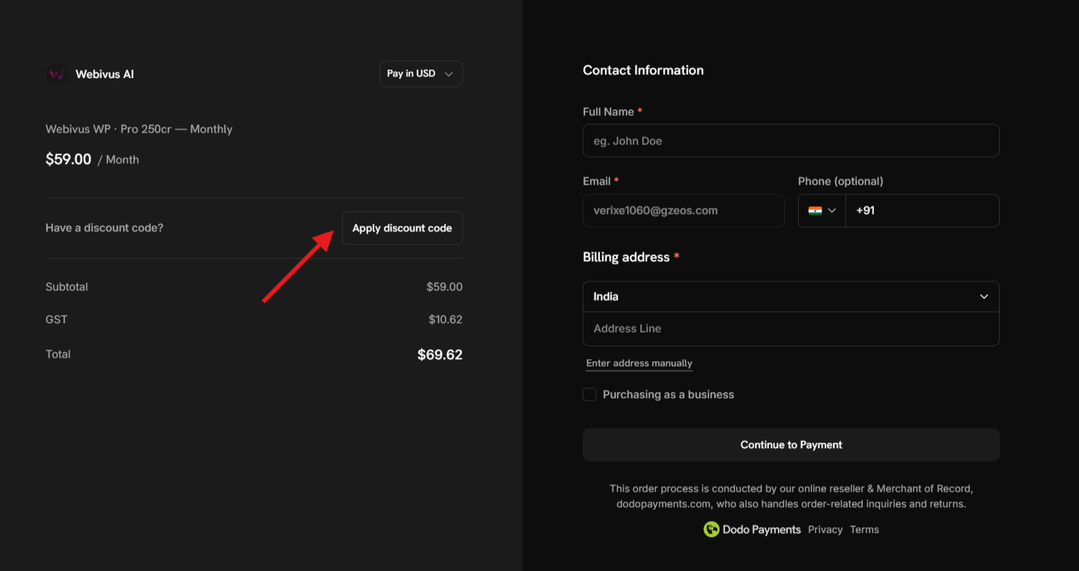 Webivus checkout page