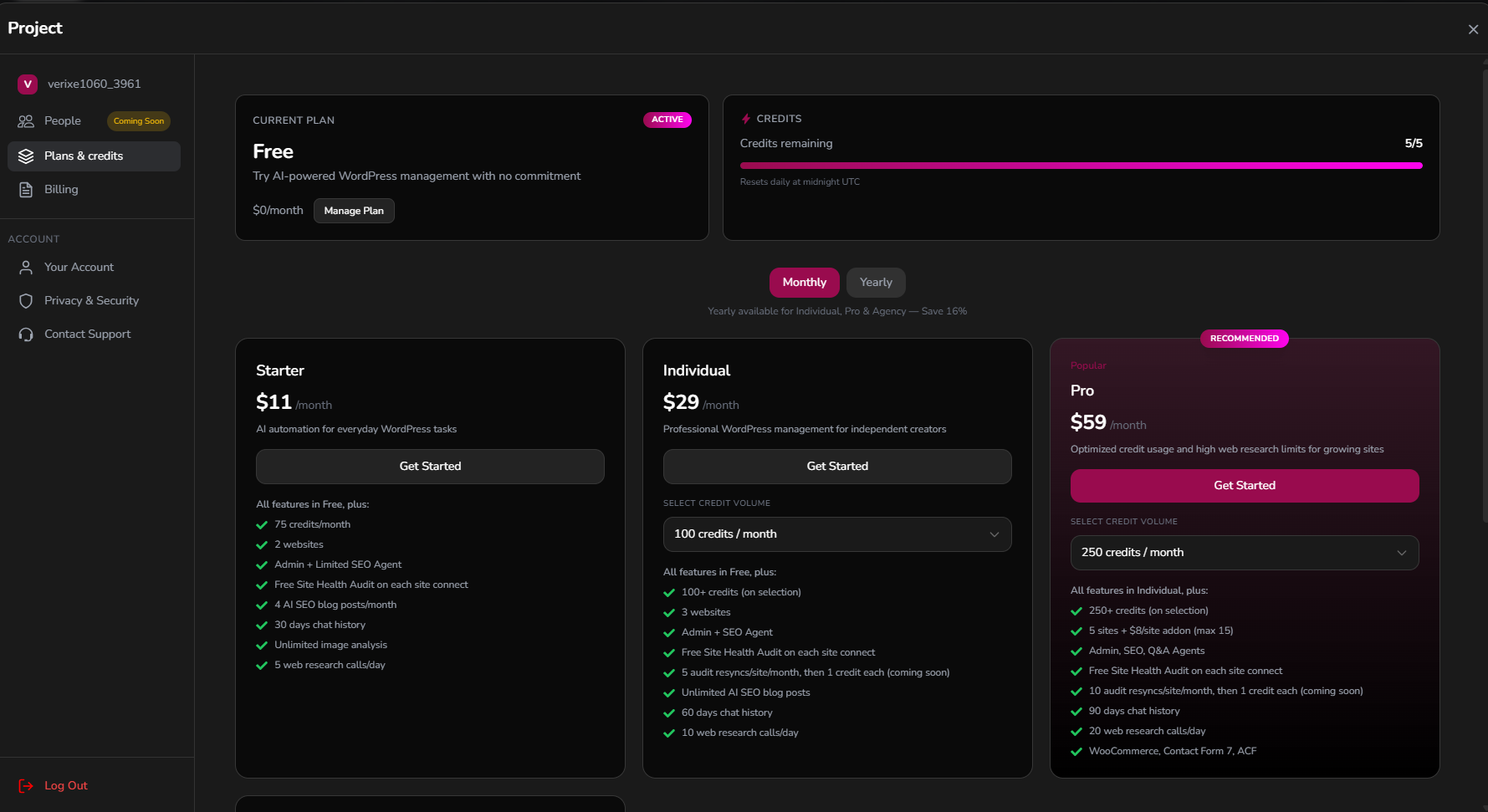 Webivus AI plans & Credits tab