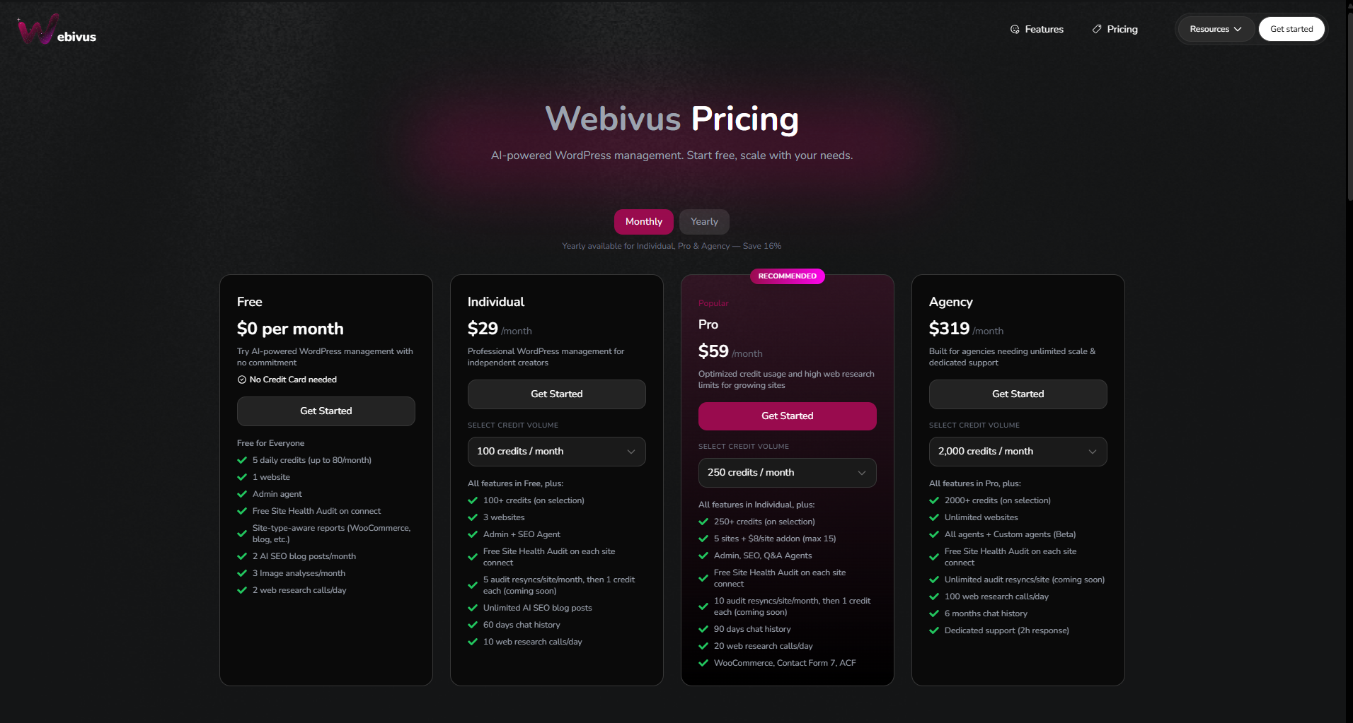 Webivus pricing page