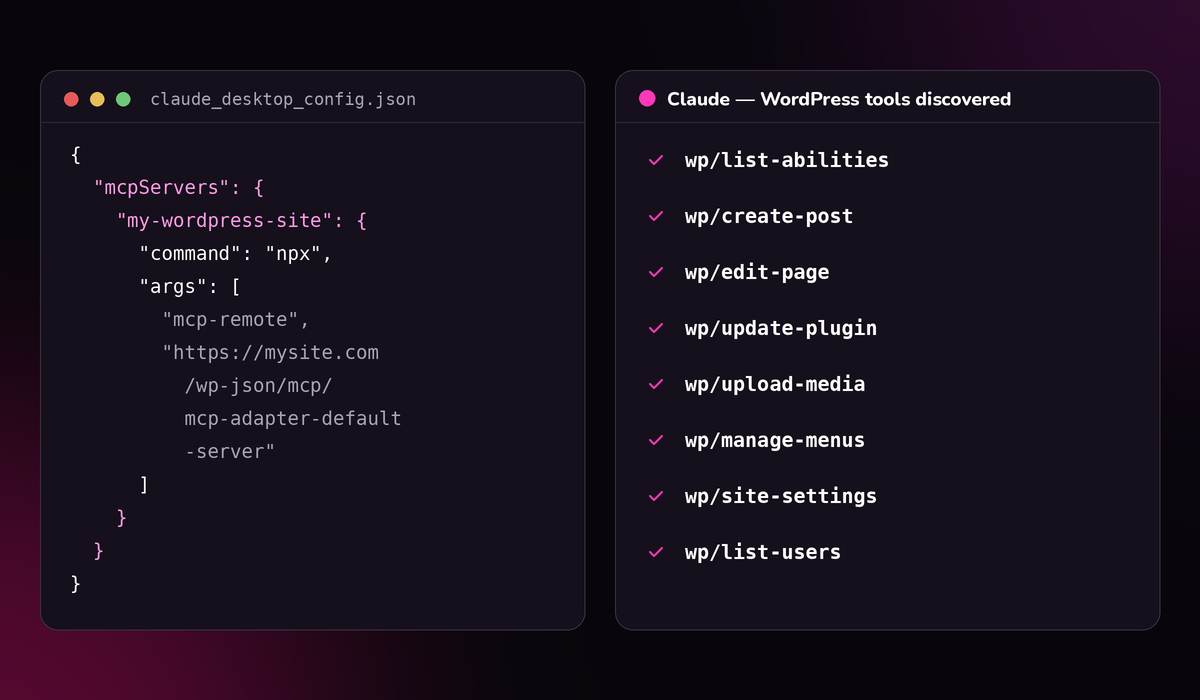Editing an MCP server config file next to a chat client showing discovered WordPress tools